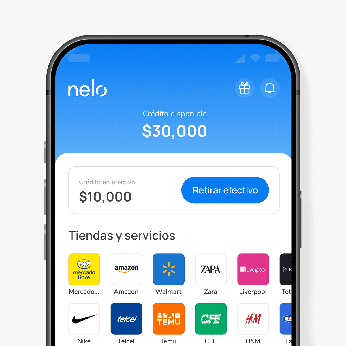 App Nelo mostrando tiendas y crédito disponible